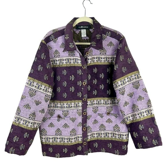 Vintage 90s Sag Harbor Tapestry Jacket Women 14 Purple Oversize Lagenlook Button - Picture 1 of 6